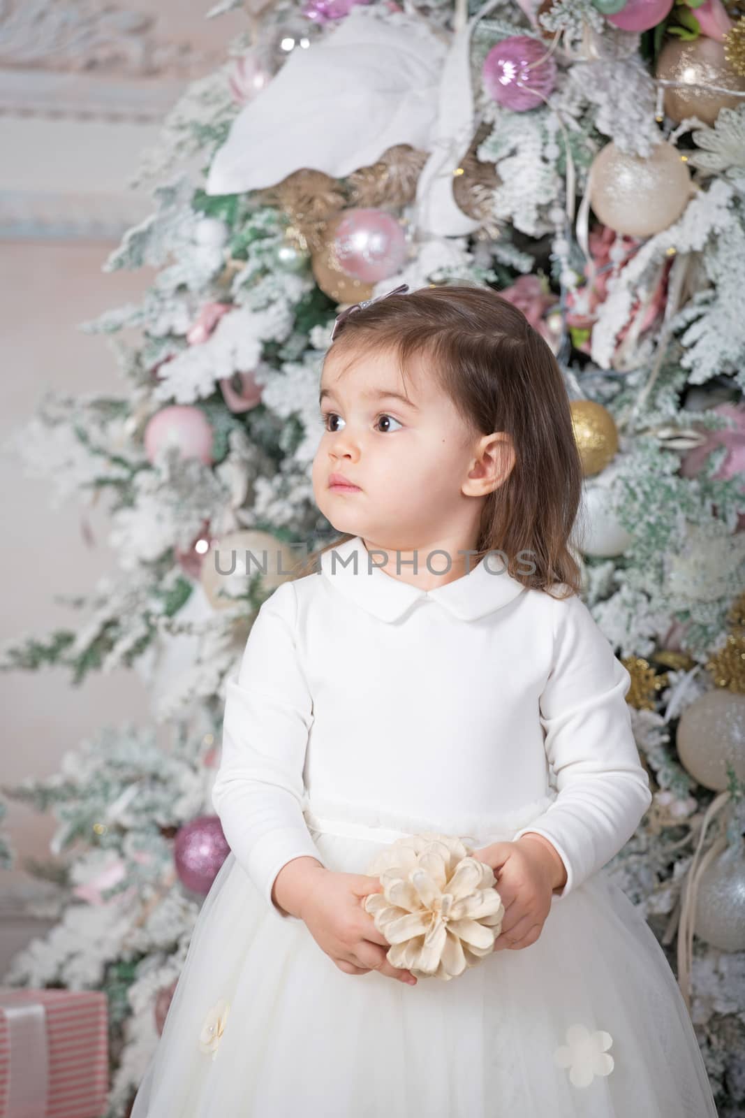 Merry Christmas and Happy Holidays ! Cute funny little child girl near decorated Christmas tree indoors