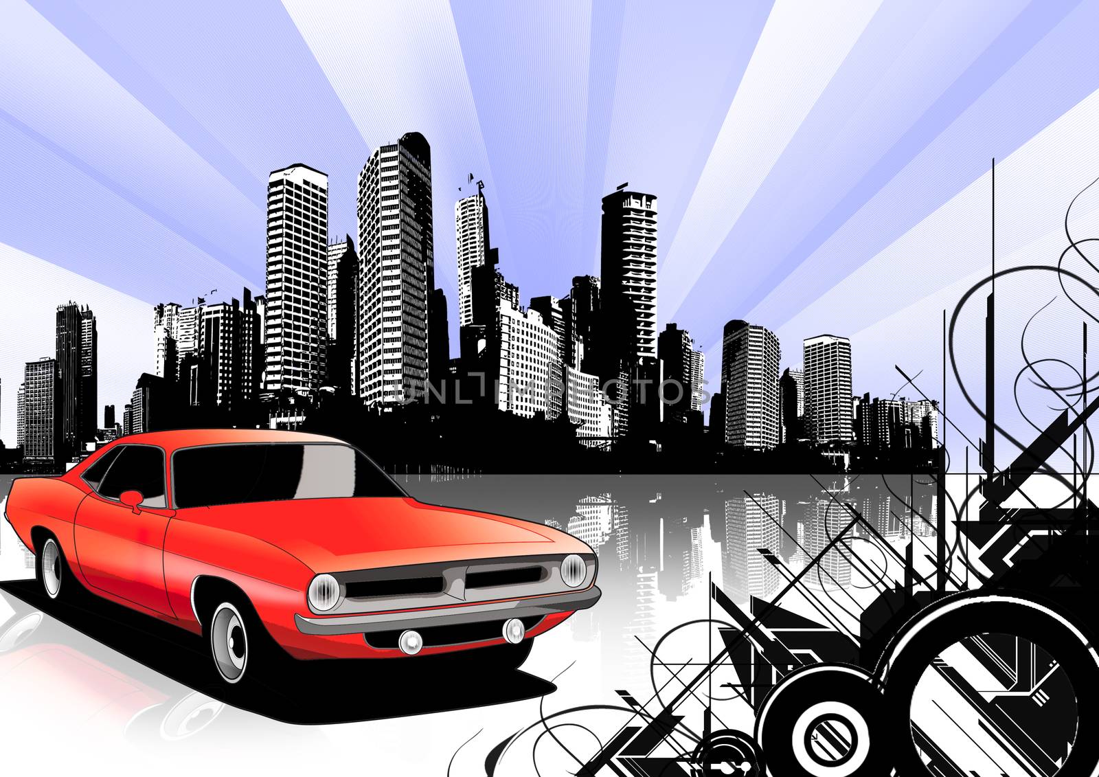 illustration old racing car with grunge city background