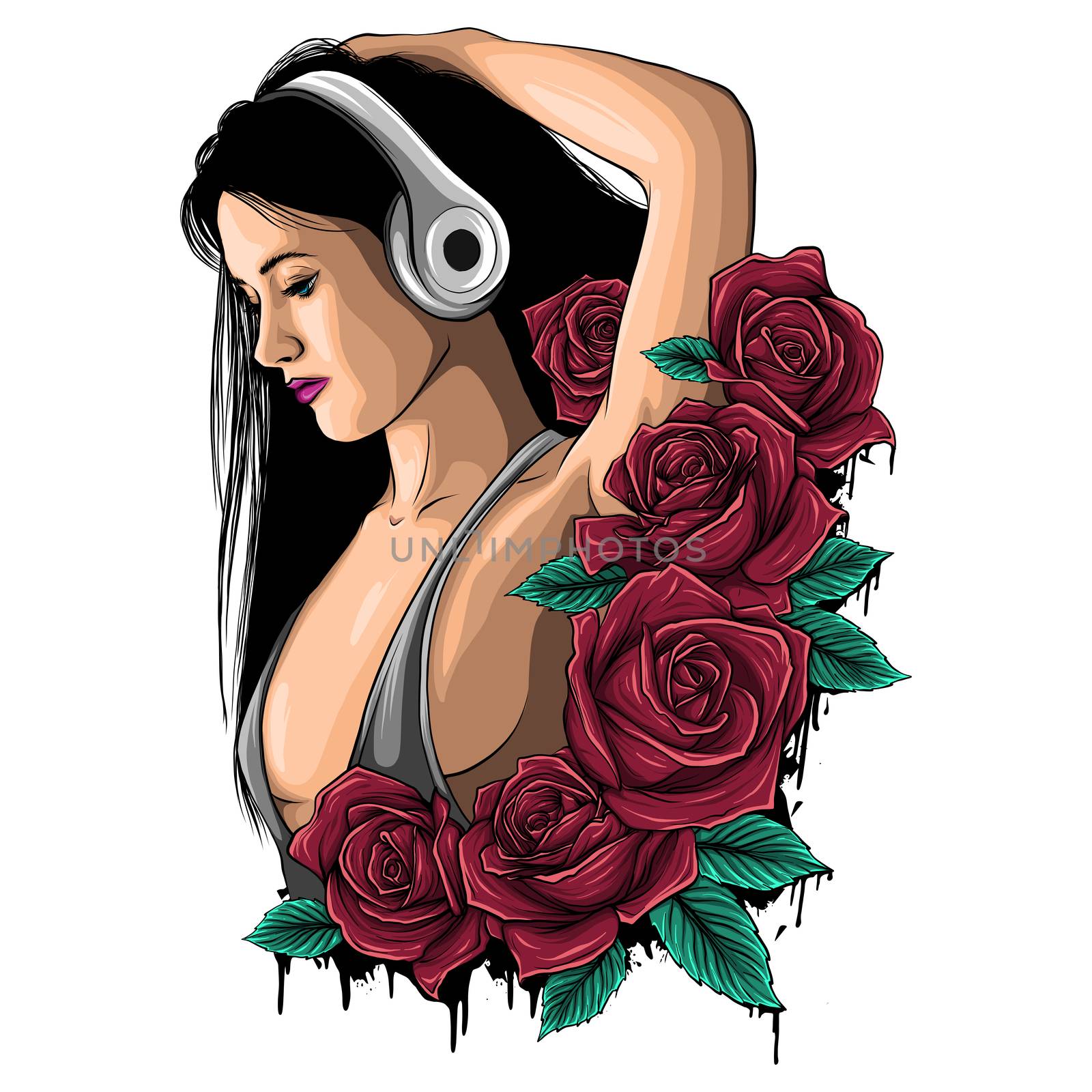 vecto illustration beautiful girl with headphones and roses by dean