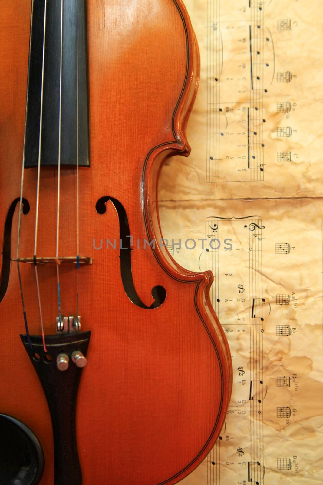 Old violin on the background of notes by friday