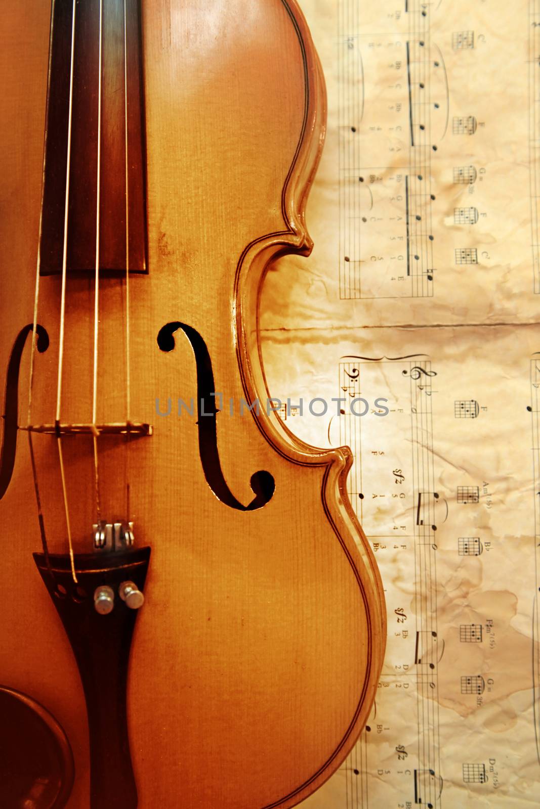 1937 old violin on the background of notes