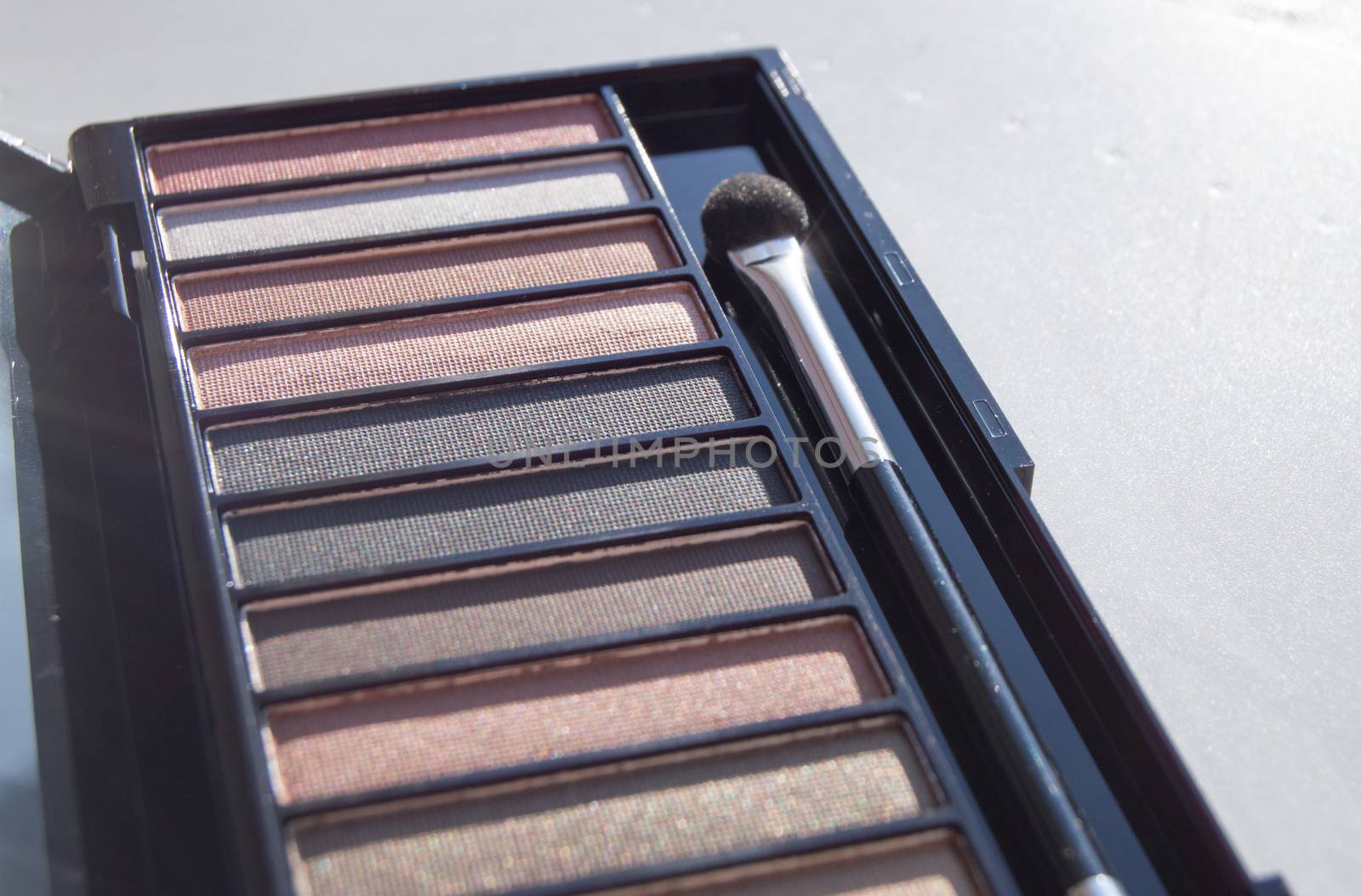Eye shadow in a palette of brown and Nude shades with a makeup brush.