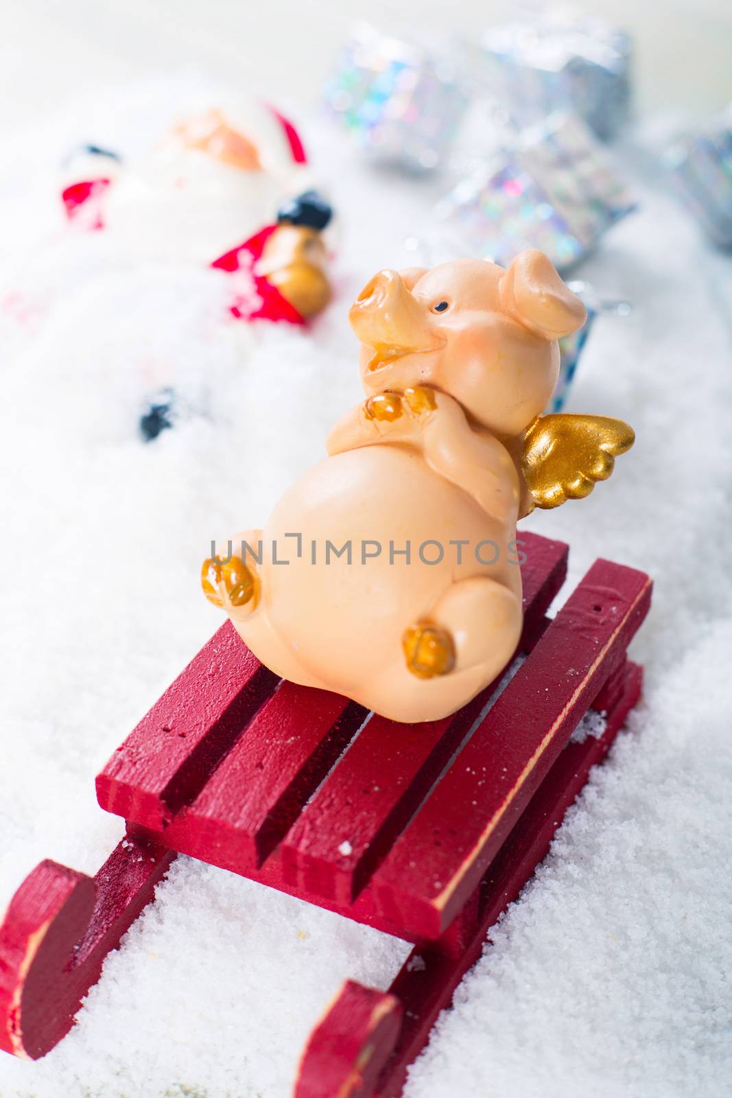 Funny naughty pig laughing at santa claus accident who fall from sleigh and lost gifts