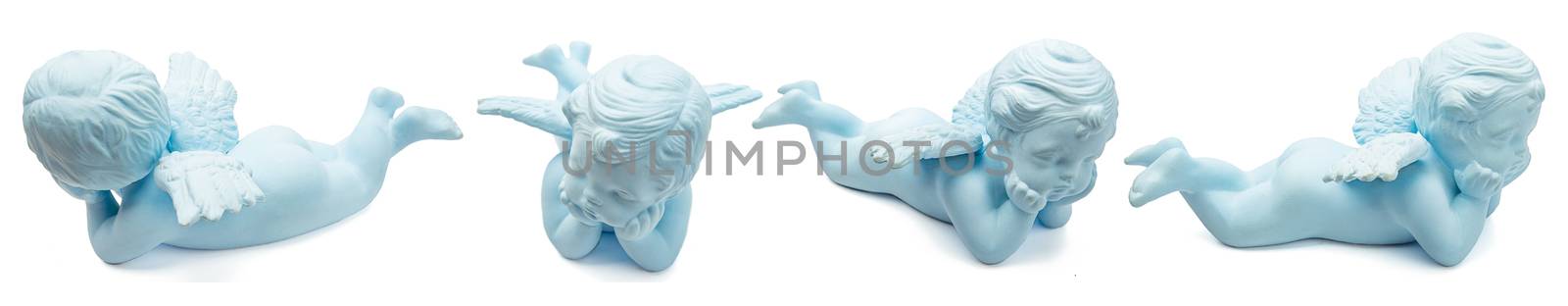 blue ceramic baby angel statue isolated on white background