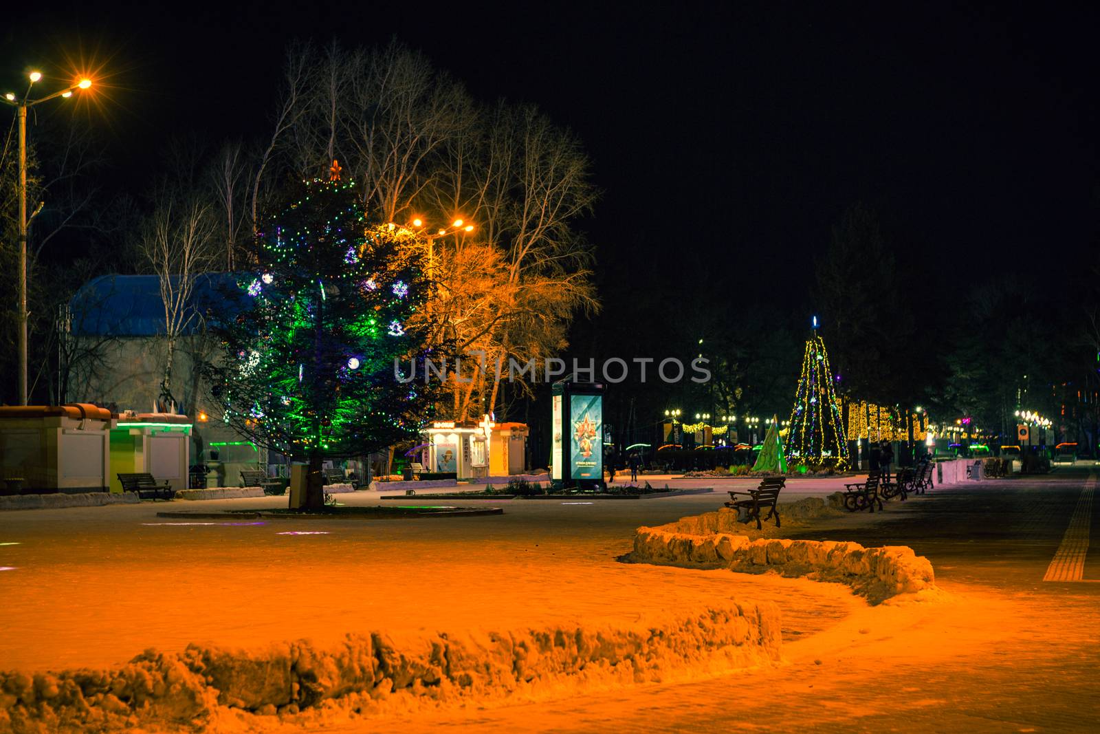 The largest artificial skating rink in the far East of Russia. At night. Many Christmas trees decorated with bright lights.