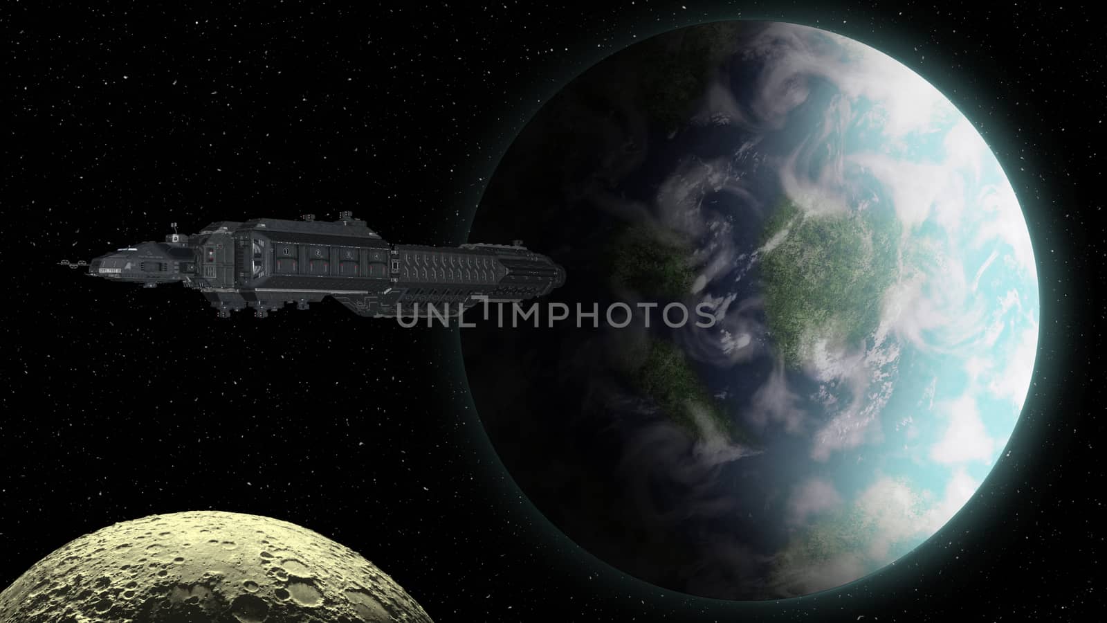 Spaceship approaching an Earthly planet - 3d rendering