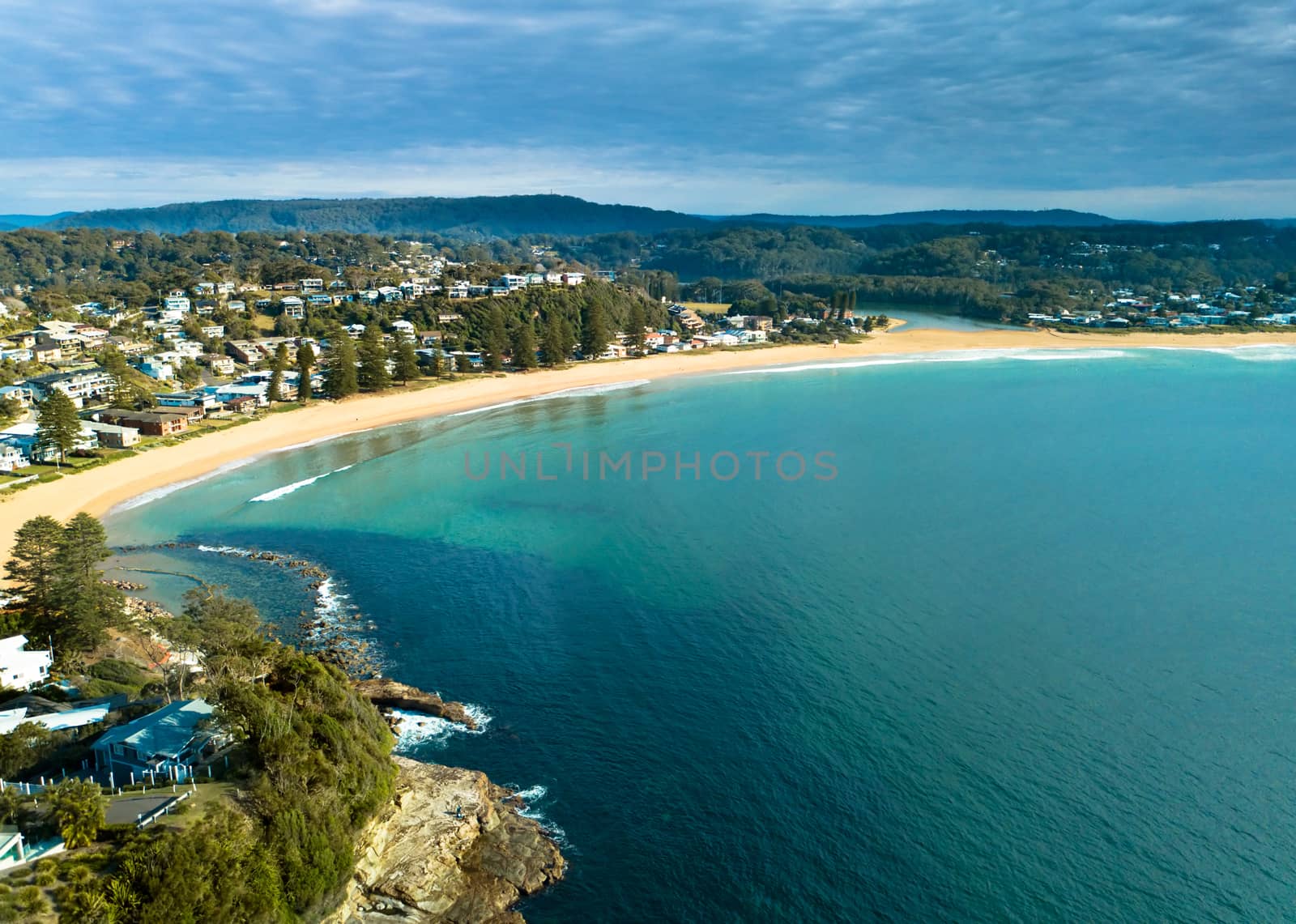 Aerial views of the waters at Avoca Beach, Australia 