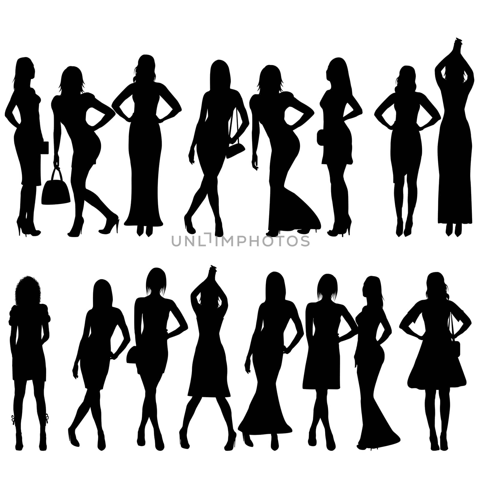 Collection of black silhouettes of beautiful women on white background