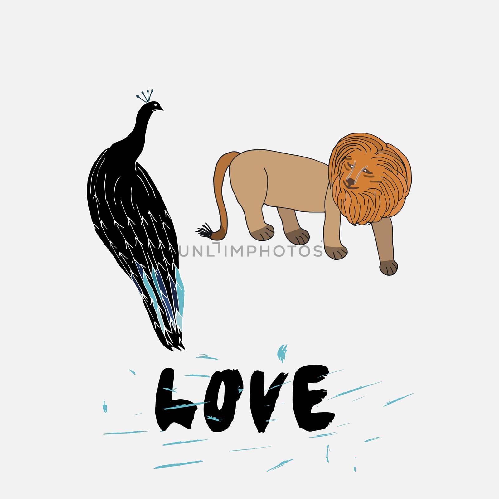 PEacock and Lion character love illustration