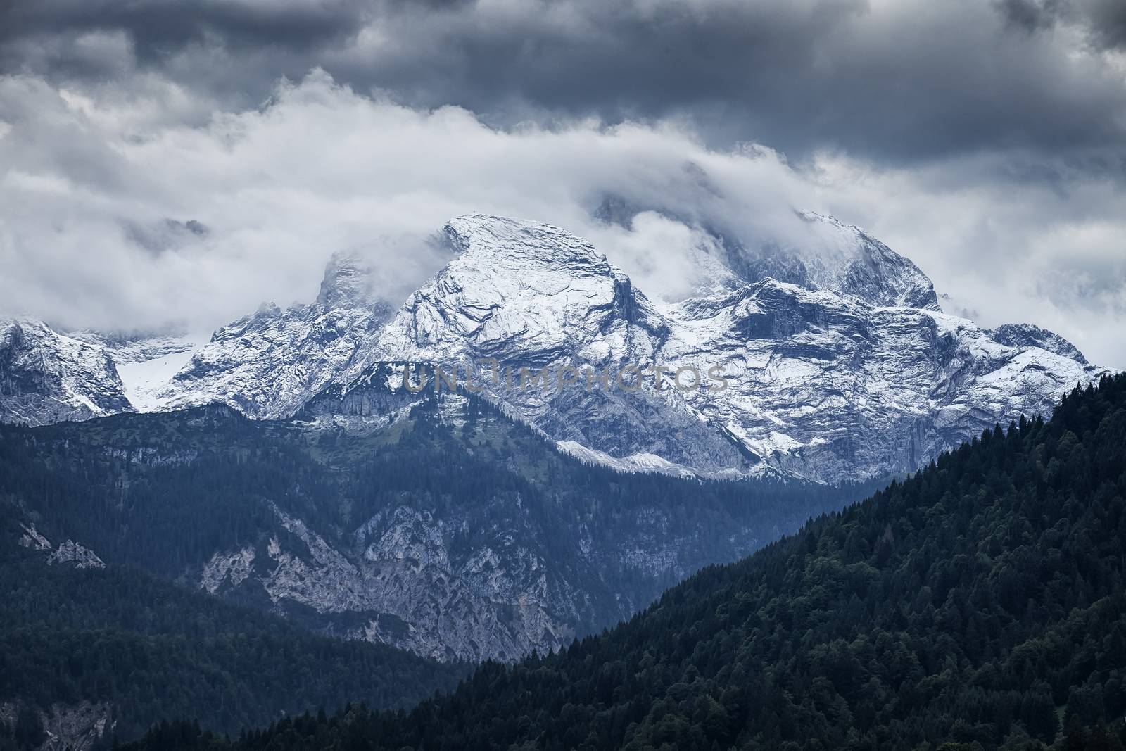 Mountains of Garmisch-Partenkirchen with snow in Bavaria, Germany in autumn