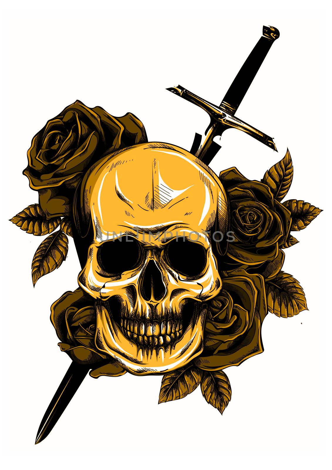 A skull with roses on white background