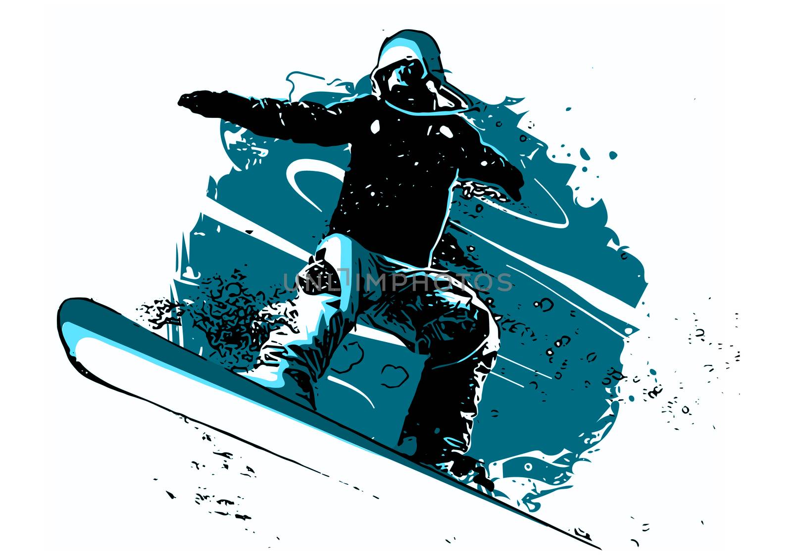 Silhouette of a snowboarder jumping isolated. Background and text on a separate layer, color can be changed in one click.  illustration