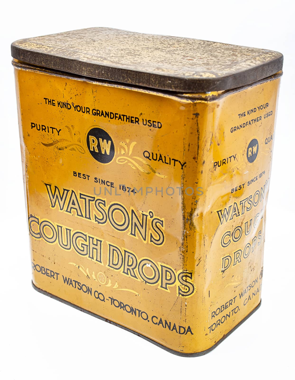 Cough drop box with vintage design against white background
