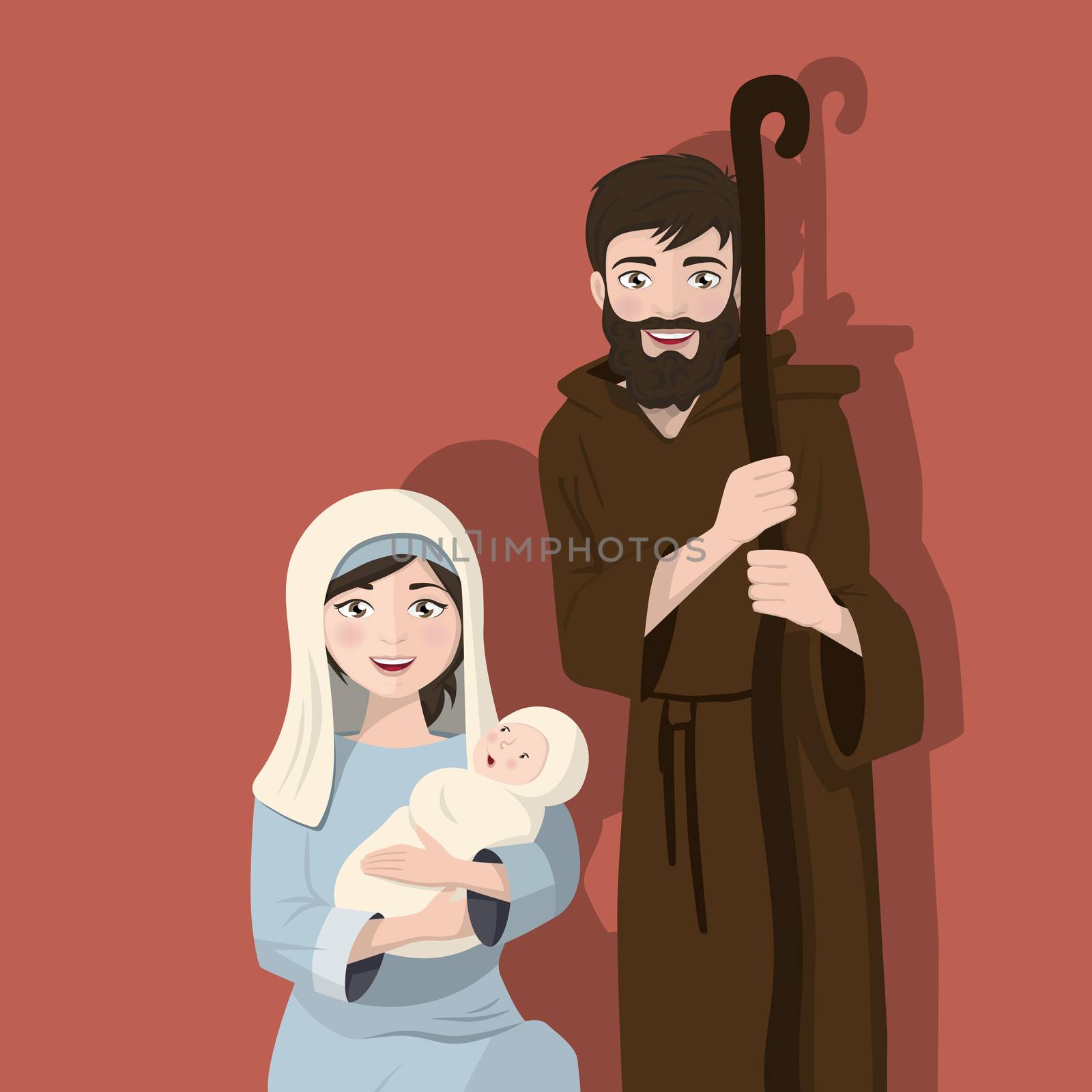 Holy family on a flat background. Christmas nativity scene. Birth of Christ. Vector illustration