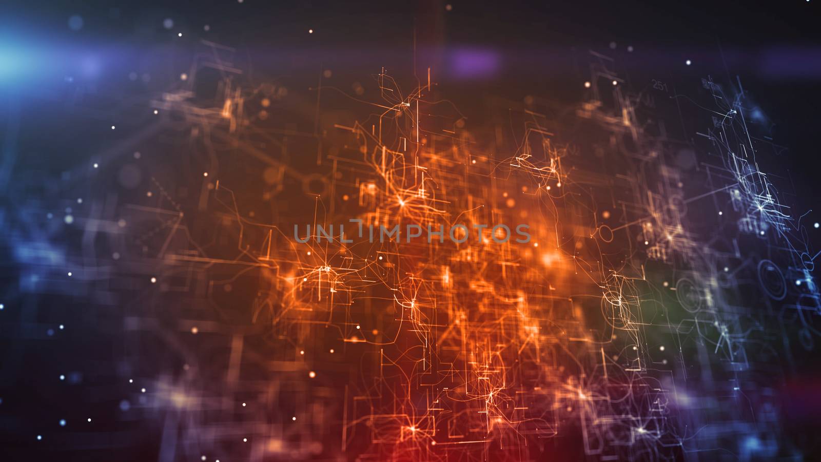 Splendid 3d illustration of a cyberspace cpu shining brightly in the golden and blue background. It has a network of interconnected crisscross and straight lines.