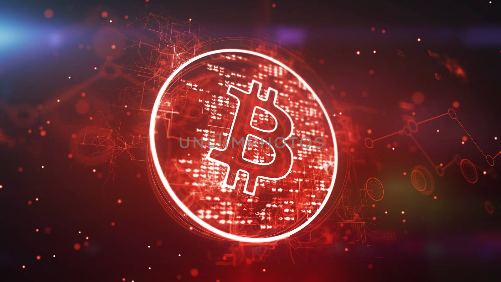 Stunning 3d illustration of a sparkling bitcoin symbol put askew in a red circle with bright pixels in the dark violet background with a cheery crisscross network and circles.
