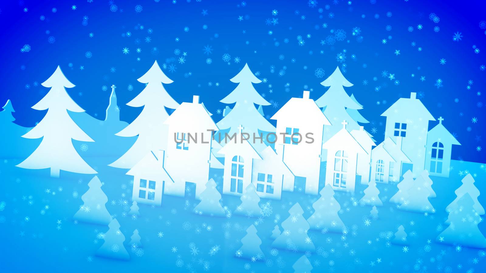 Cheerful 3d illustration of Christmas paper houses and churches with windows and chimneys for Santa Claus and fir trees under falling snowflakes. They generate the mood of celebration.