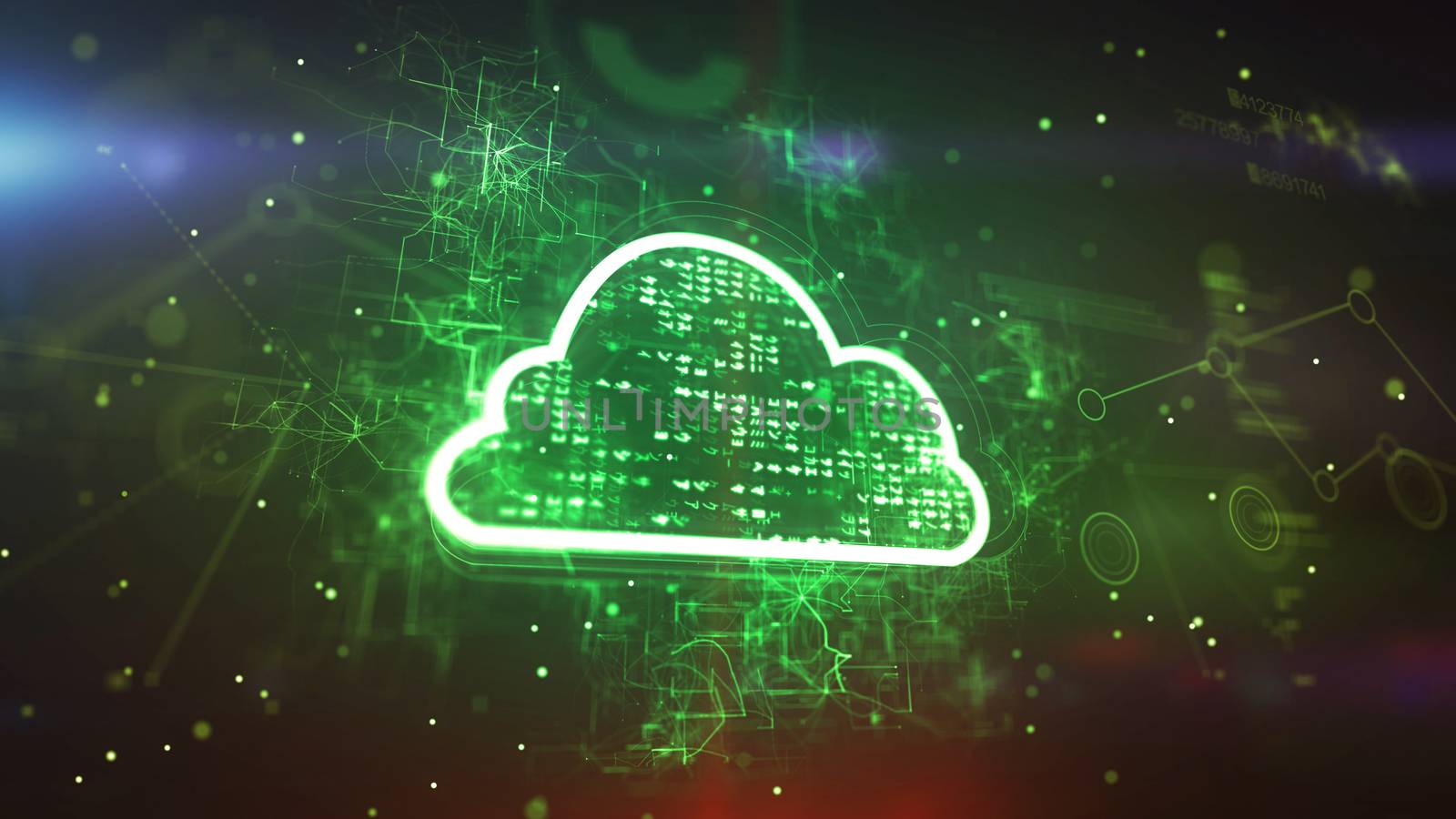 Holographic 3d illustration of a cyberspace cloud cpu with bright pixels in the green background. It consists of a sparkling network of zigzag, twisting and straight lines.