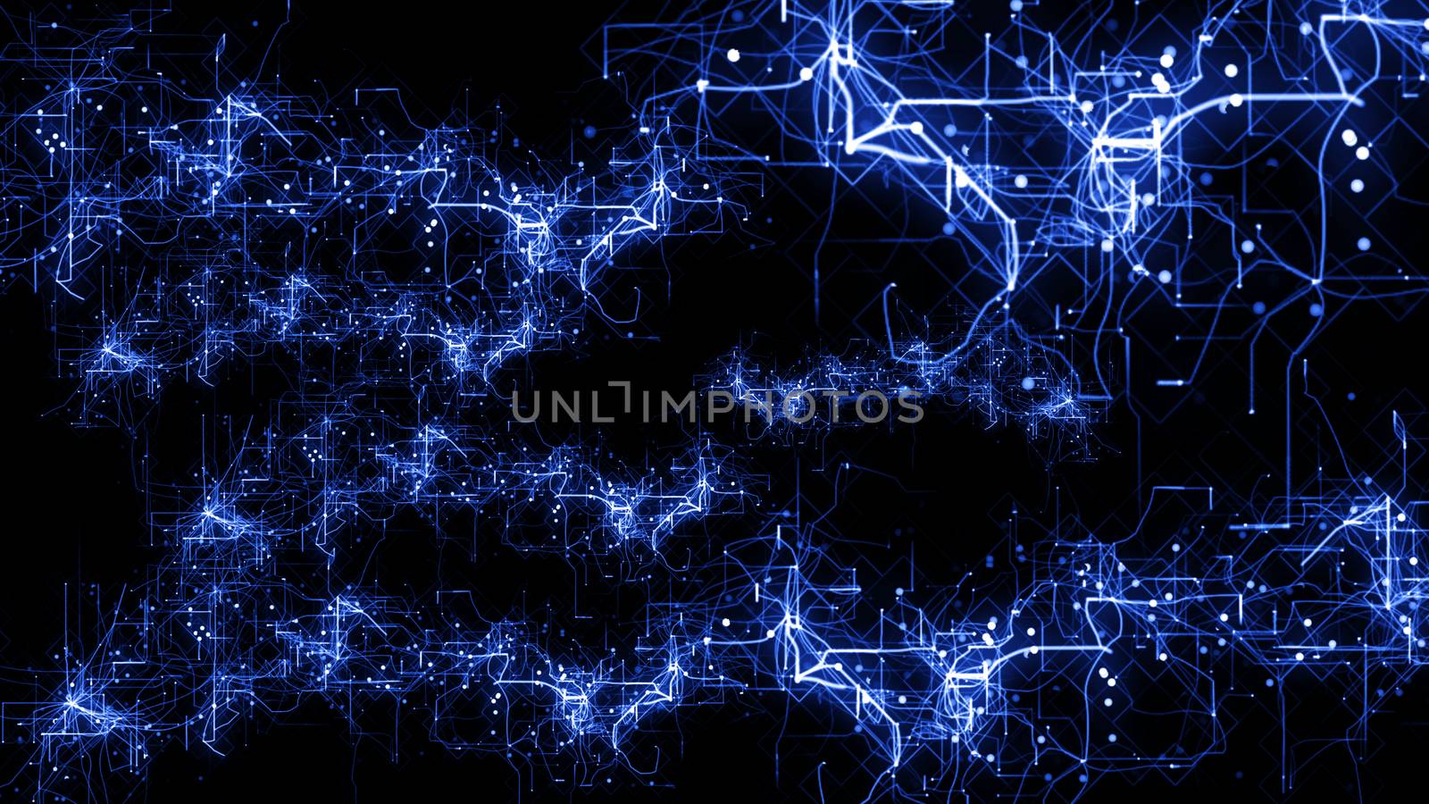 Arty 3d illustration of sparkling plazma cluster in the dark blue and black background with numerous spots and twisting lines. It looks futuristic and psychedelic.