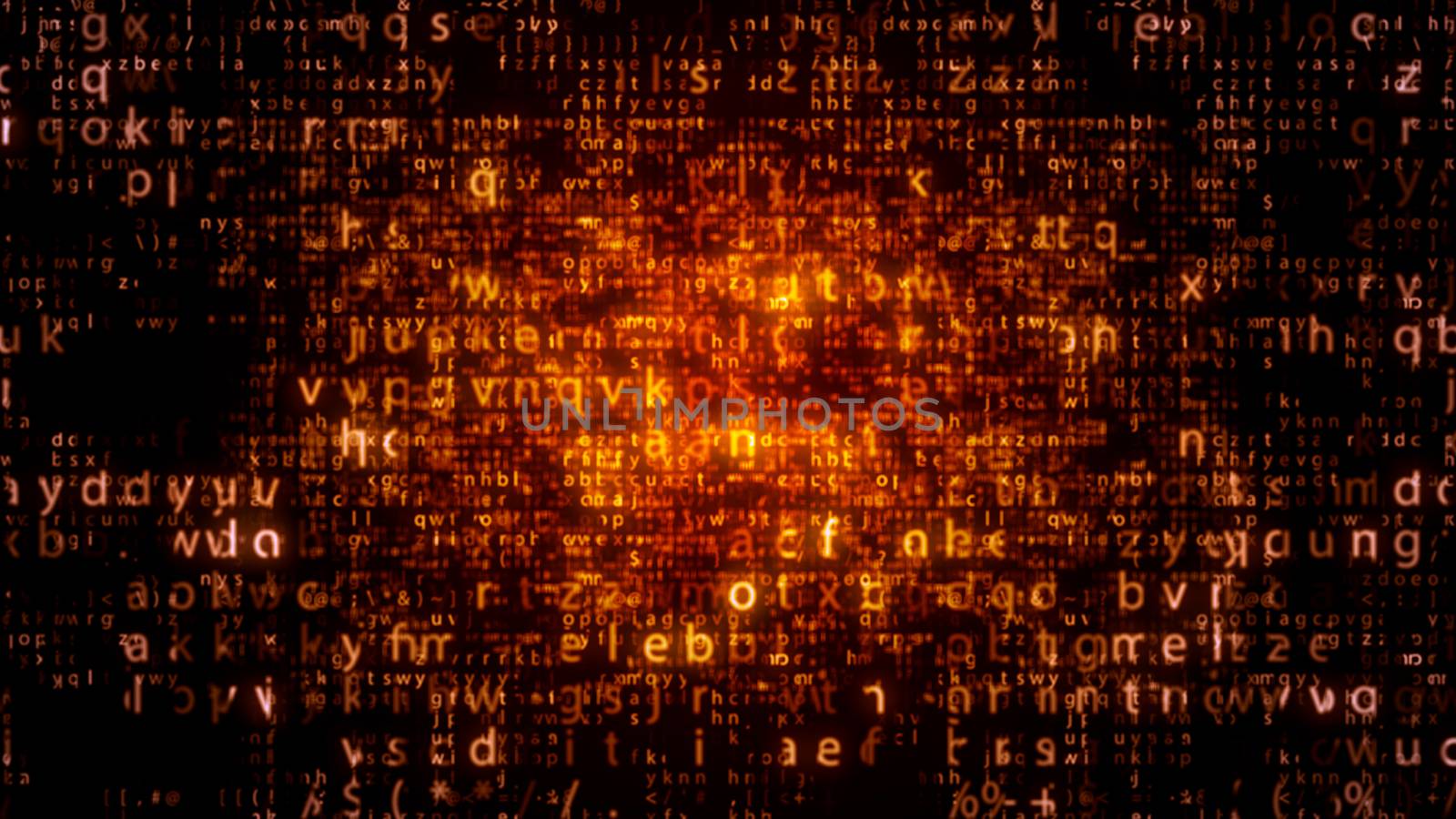 Splendid 3d illustration of dazzling led matrix letters placed in several layers in the black  background. The golden big and small letters look digital, optimistic and hi-tech.