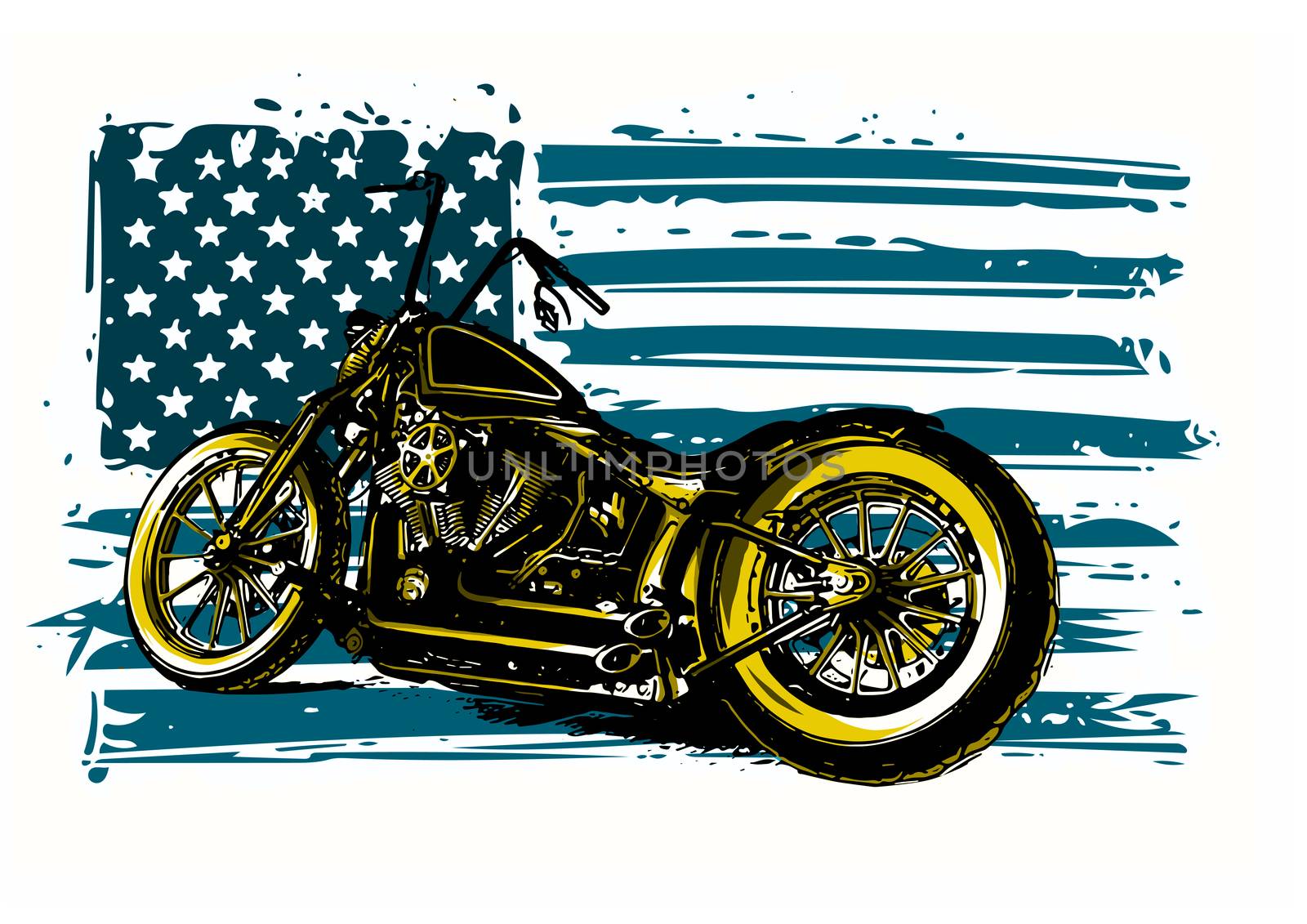Hand drawn and inked vintage American chopper motorcycle with american flag by dean