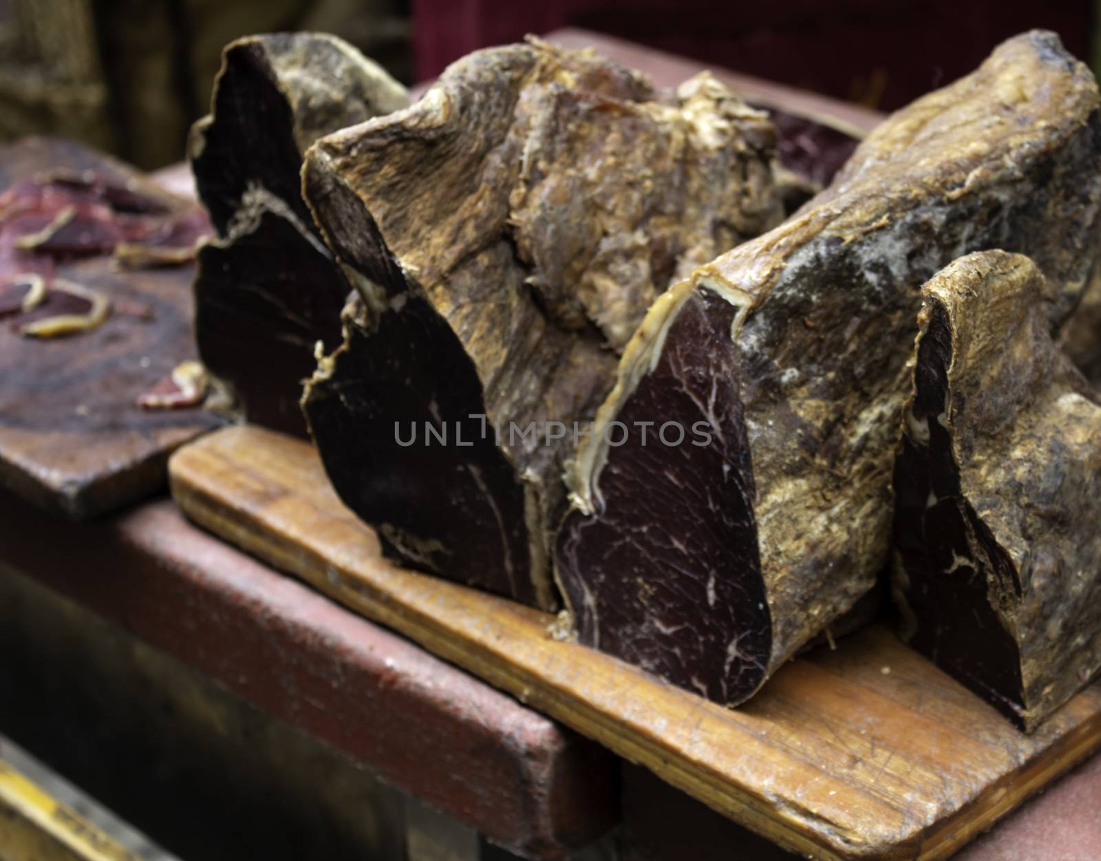 Cured venison deer cured in butchery, food