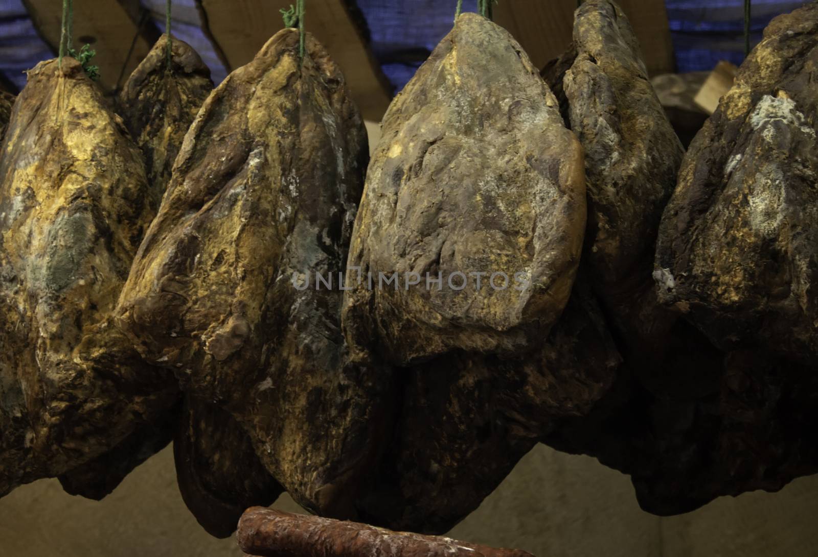 Cured jabugo ham hung in butchery, food and nutrition