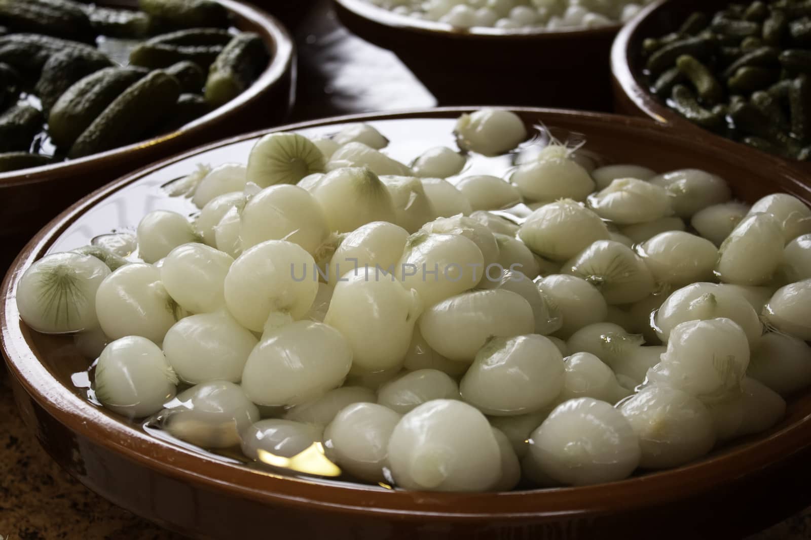 Onions in vinegar with oil, appetizer and food