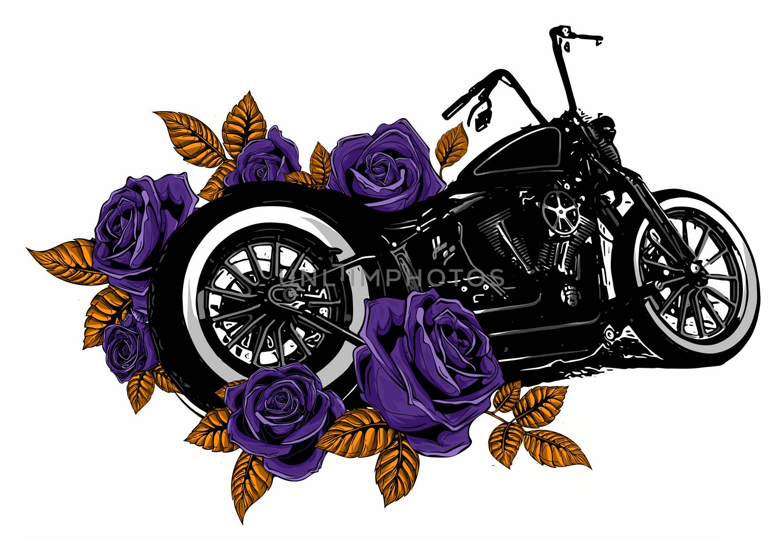 motorcycle bike with roses and peonies, card frame by dean