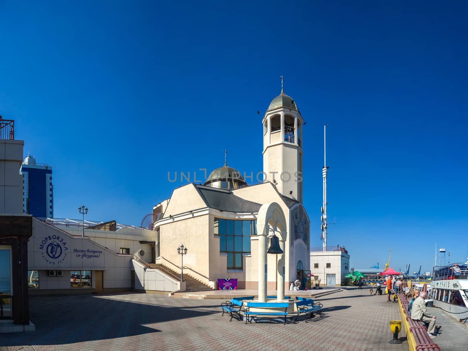 Odessa, Ukraine - 09.19.2018. Orthodox St. Nikolai church in the Odessa seaport, Ukraine, in a sunny morning