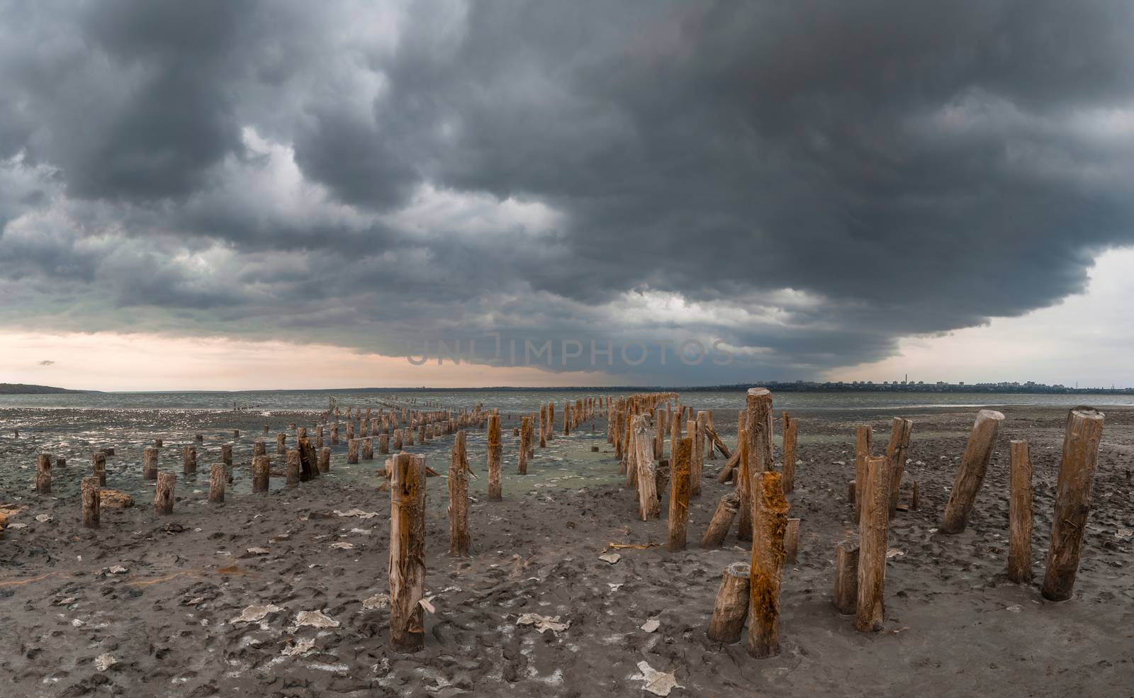 Storm clouds over the Kuyalnik Salty drying estuary in Odessa, Ukraine