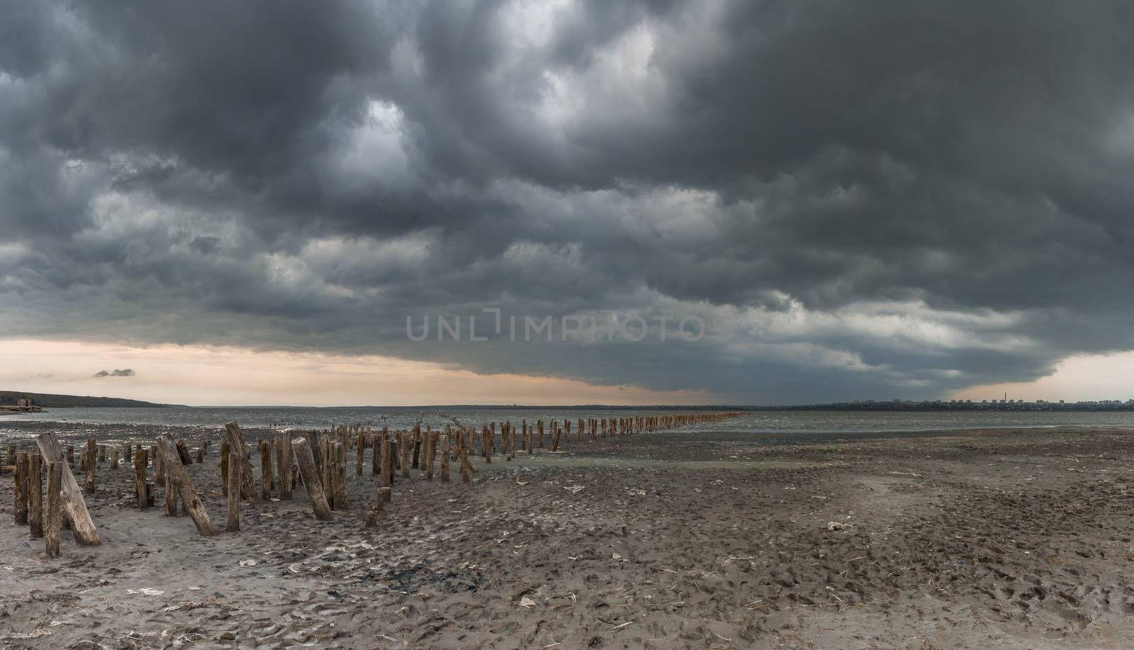 Storm clouds over the Kuyalnik Salty drying estuary in Odessa, Ukraine