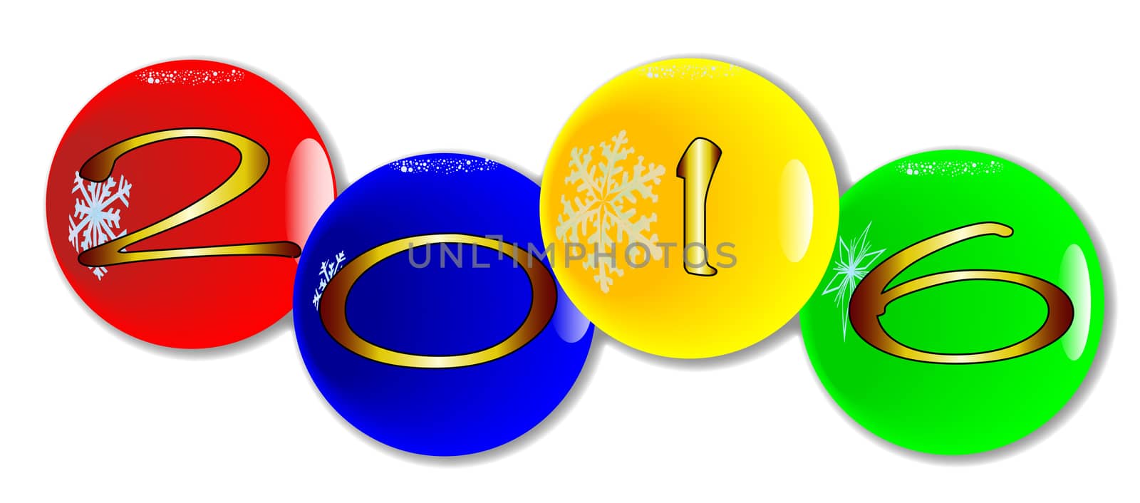 Four christmas decorative balls with the date 2016