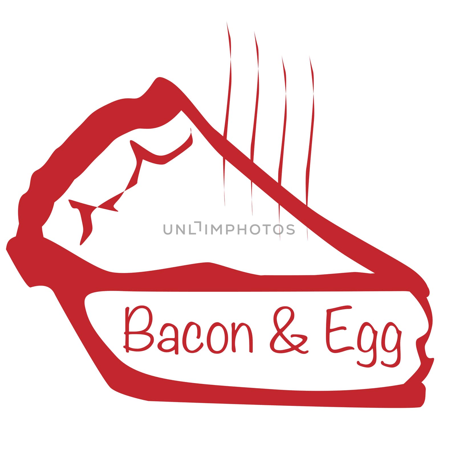 Cartoon depiction of a hot bacon and egg pie slice over a white background