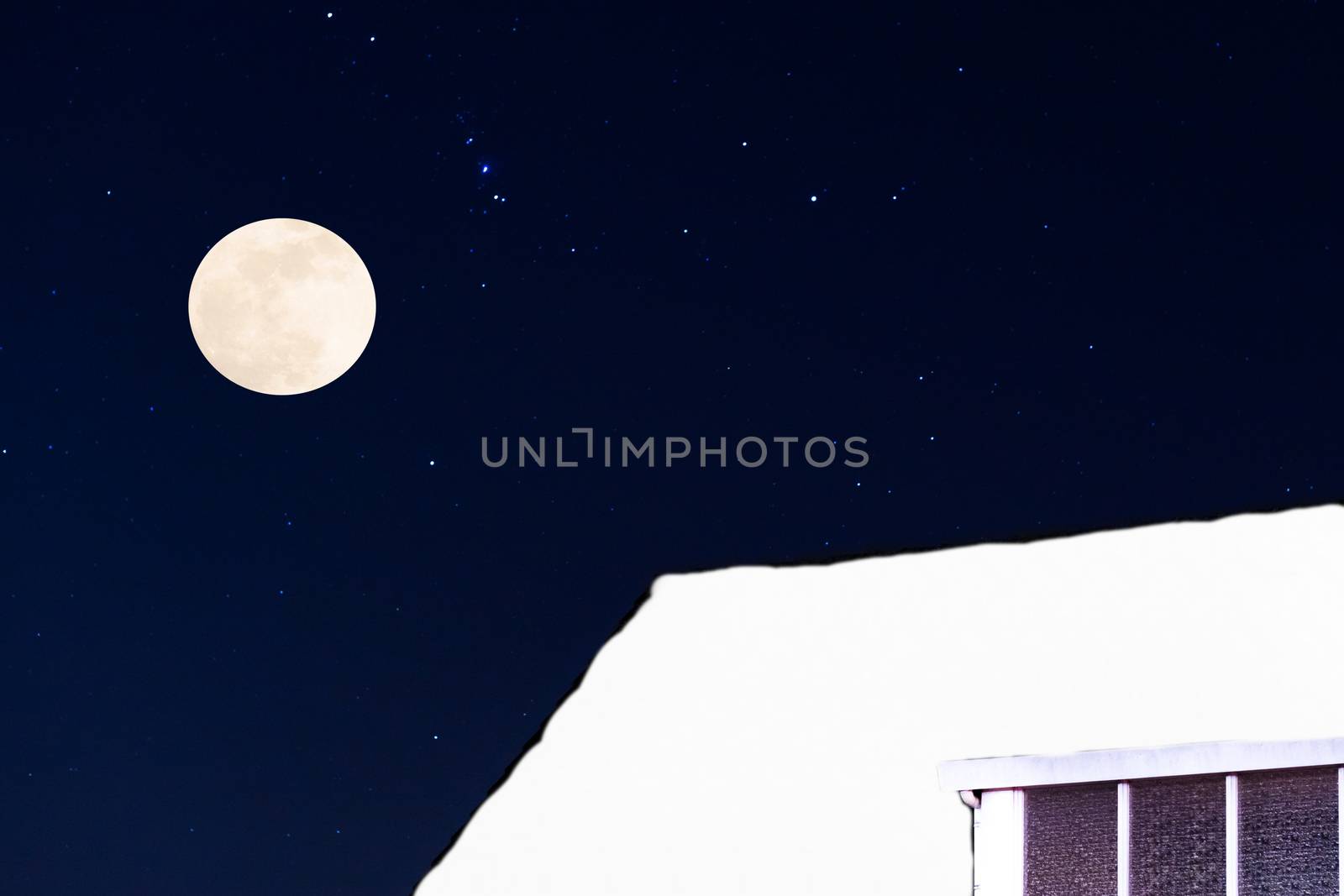 winter season at night, a rooftop covered in a thick layer of snow with stars and a full moon, christmas background by charlottebleijenberg