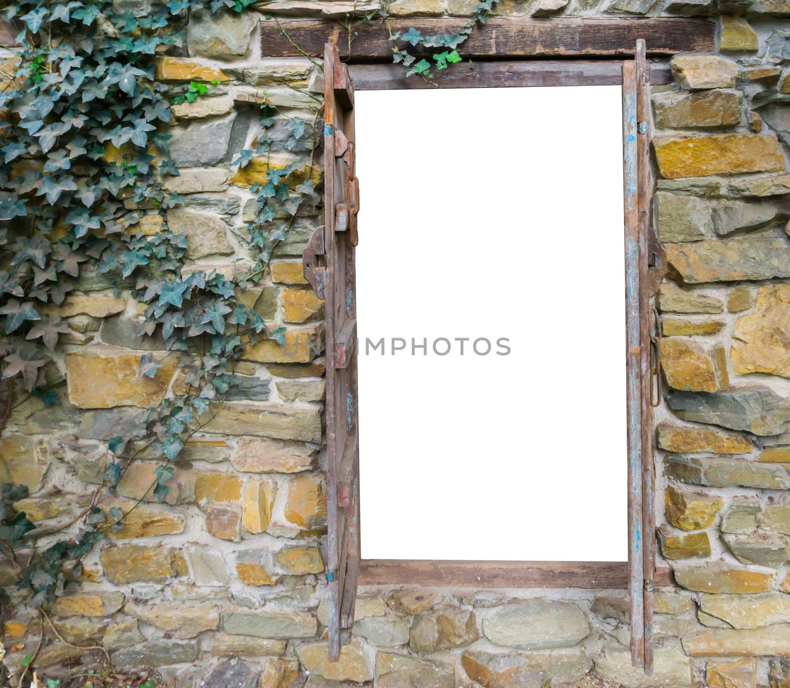 old medieval looking wooden window framework in a brick wall with ivy, isolated on white to create empty space to put what ever you like by charlottebleijenberg