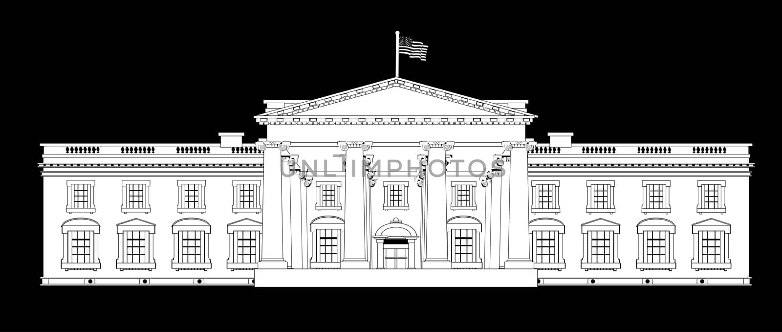 Depiction of the White House home to the United States President over a black background
