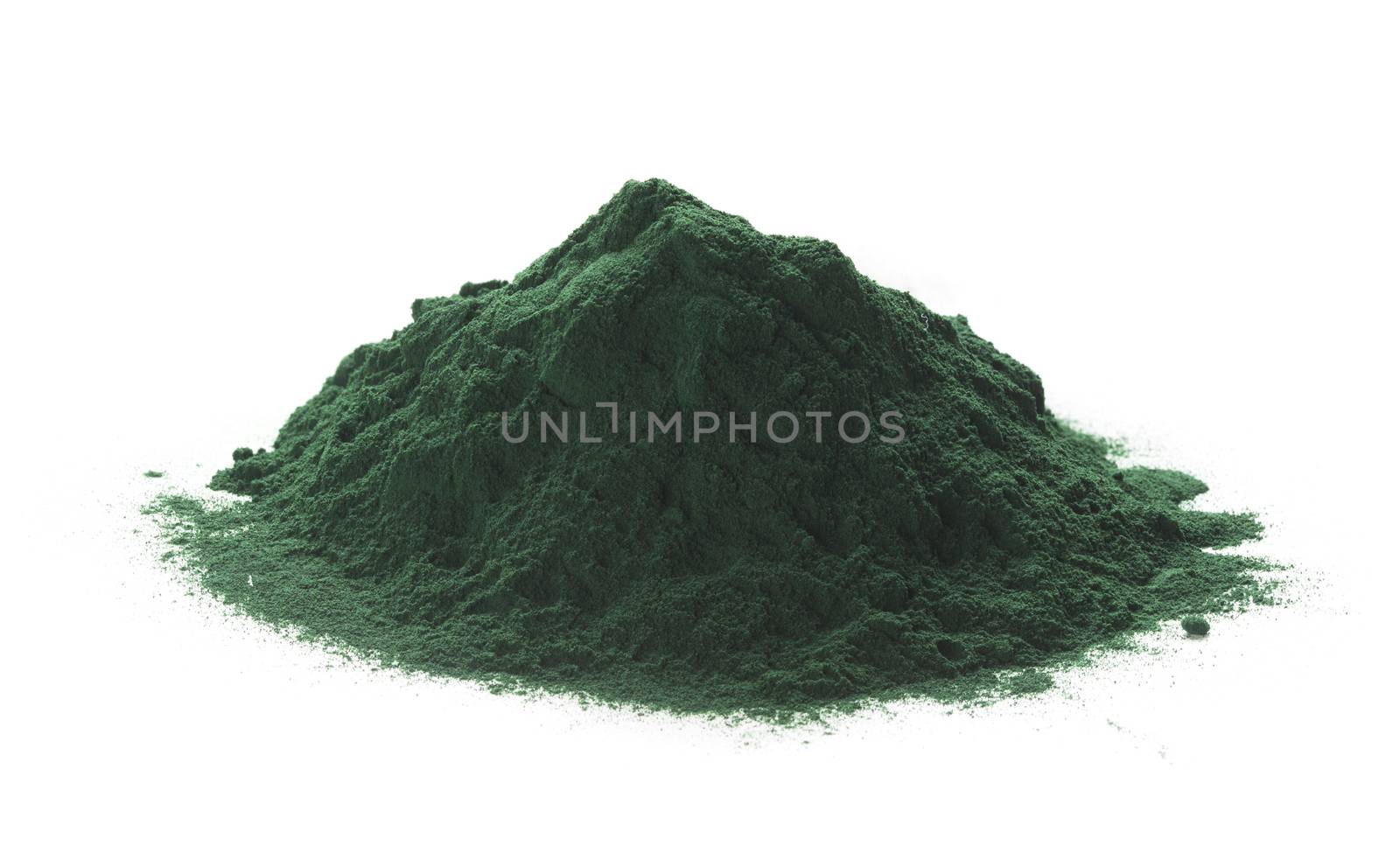 Close up of organic spirulina powder heap over white background. 