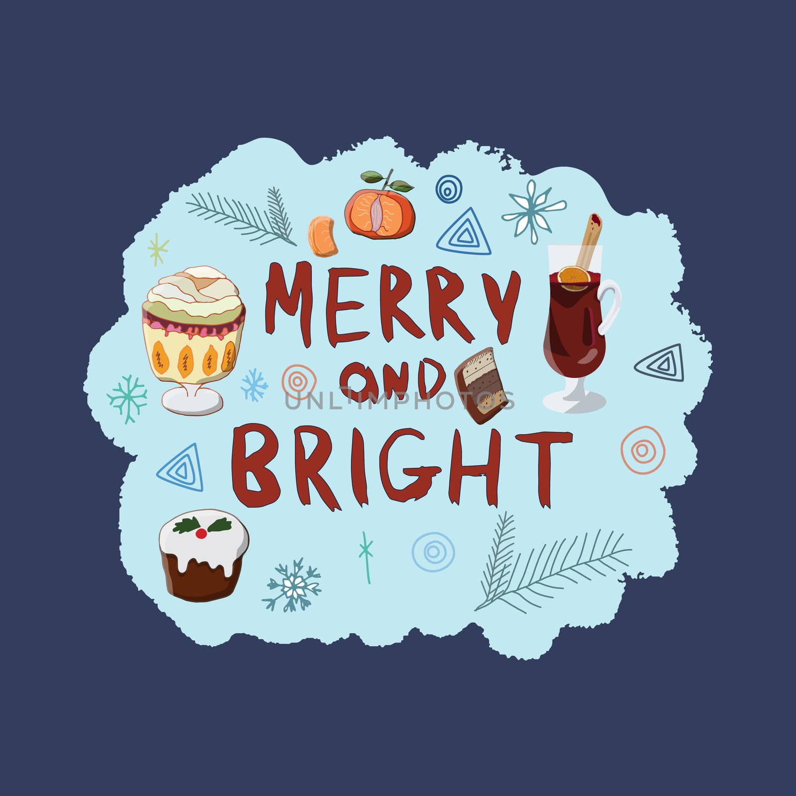 Merry and Bright hand lettering with mulled wine and desserts