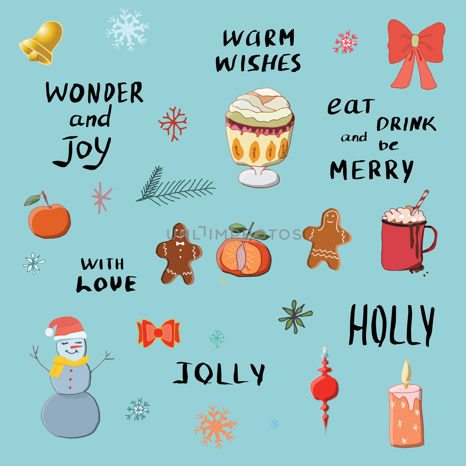 Seasonal greeting with hand lettering and elements.