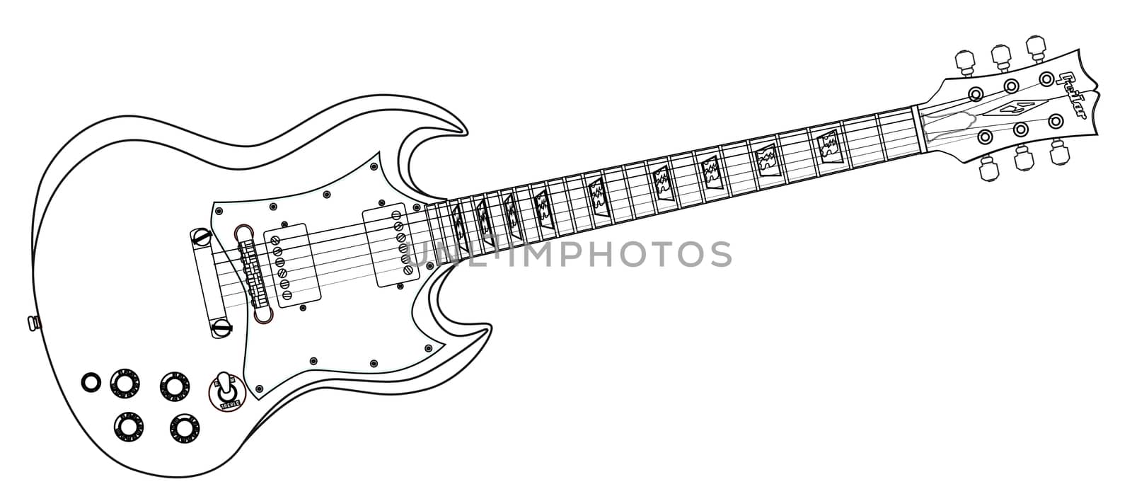 A solid body electric guitar line drawing in a white background.