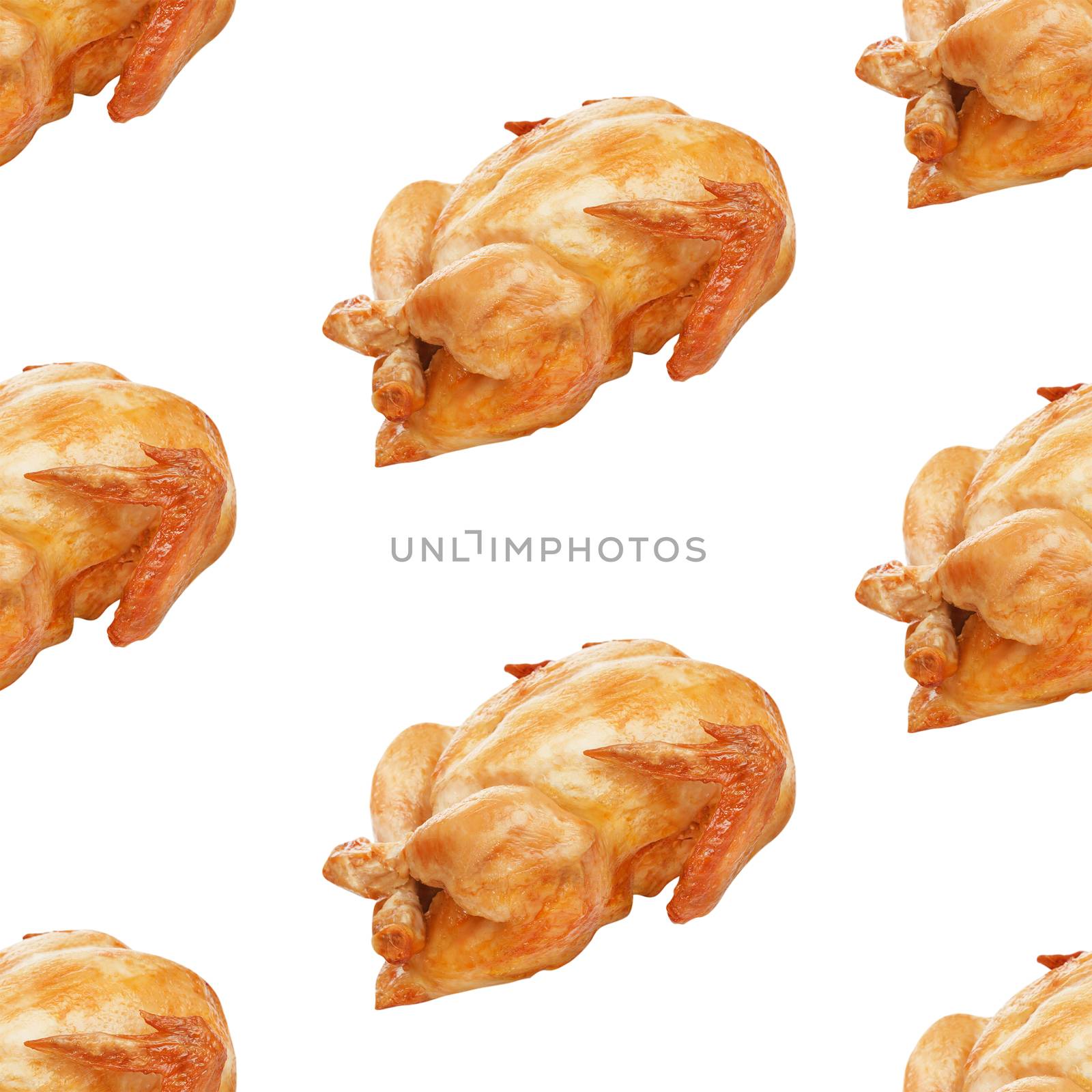 Roasted chicken, grilled chicken seamless pattern isolated on white background with clipping path