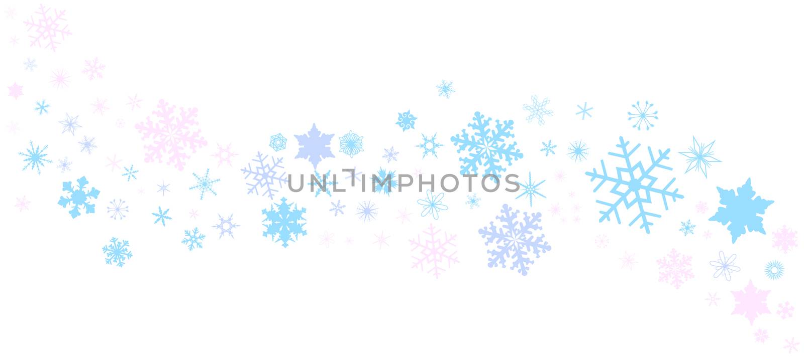 A banner of snowflakes in pastel over a white background