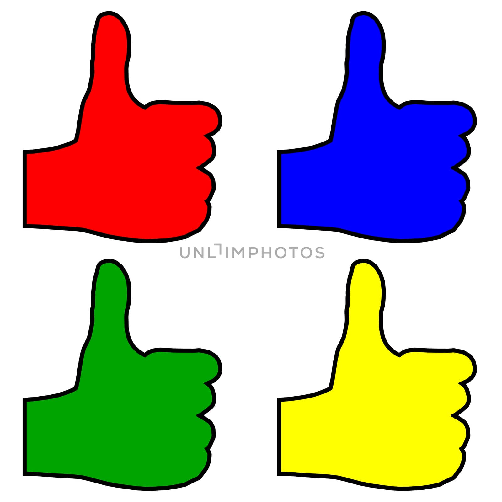 A green red blue and yellow hands giving the thumbs up sign all over a white background
