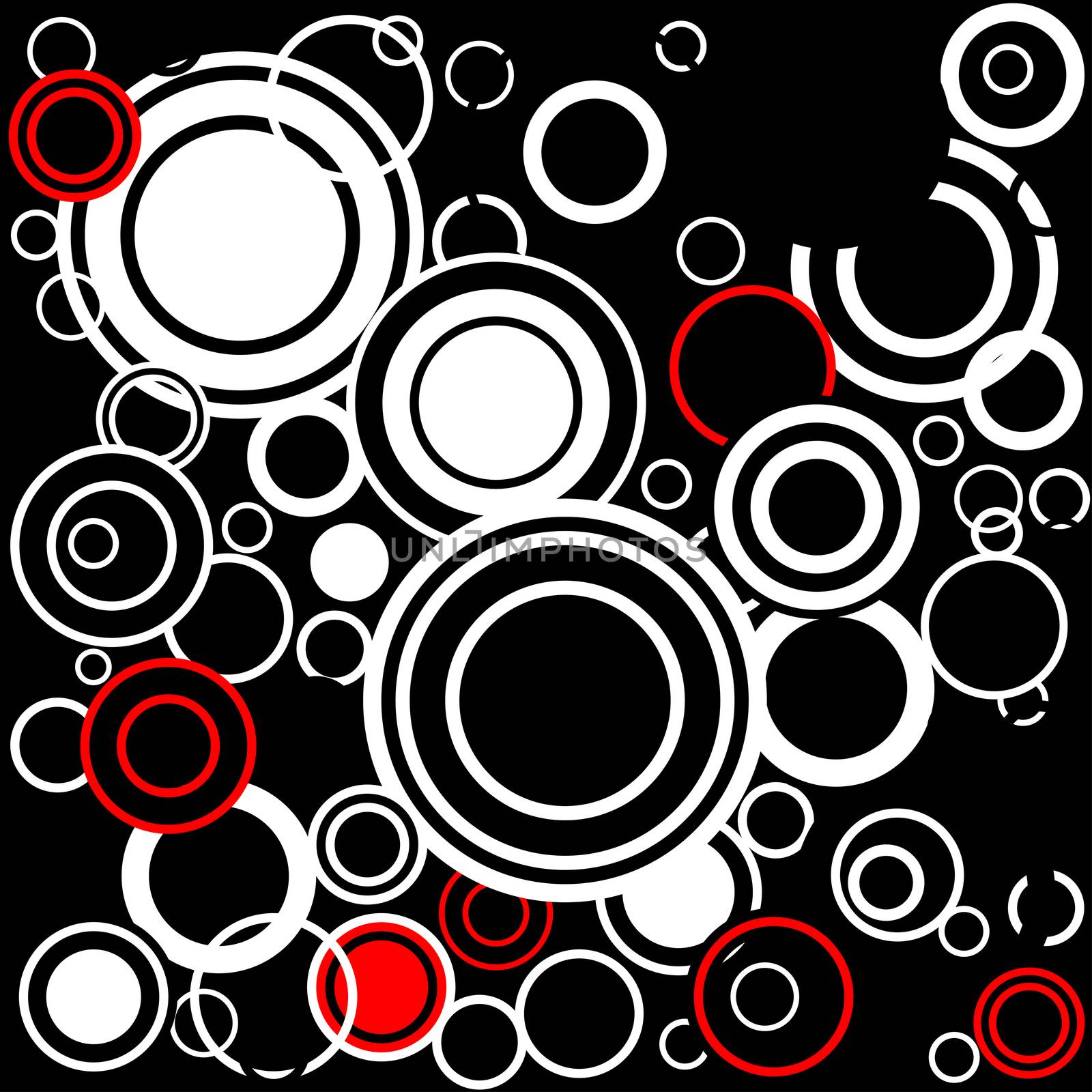 A background of retrograde red and white circles over a black background.