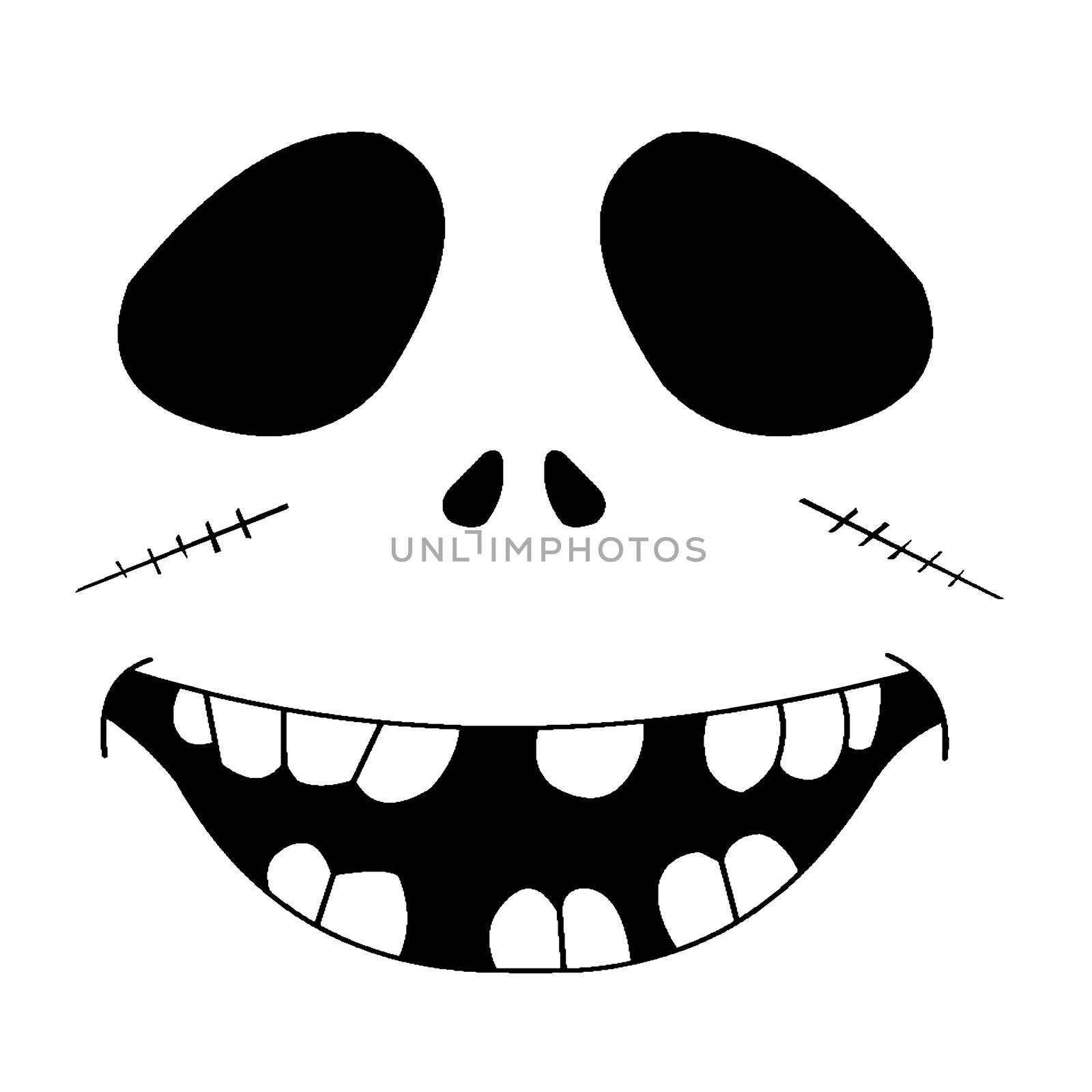 A black and white monster face over a white background