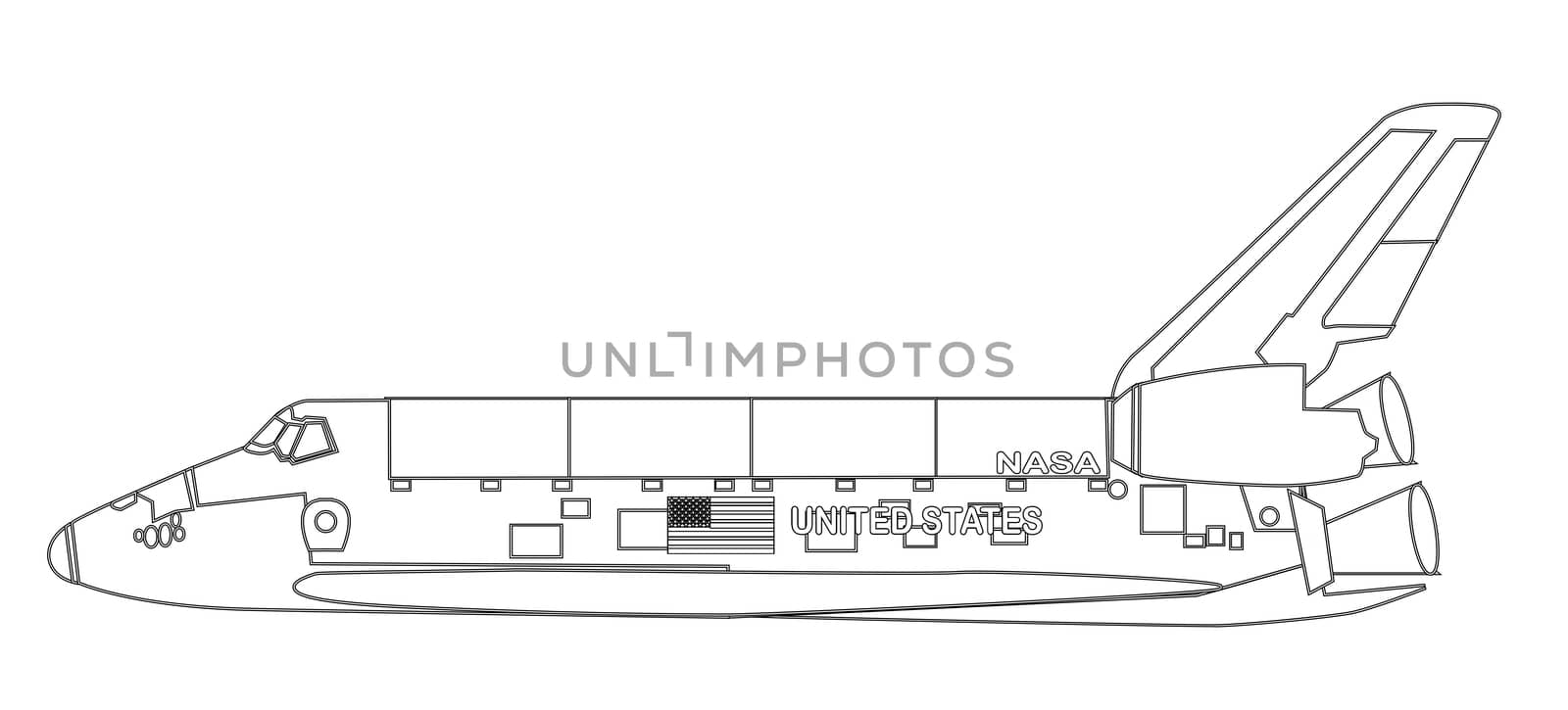 A typical space shuttle line drawing over a white background