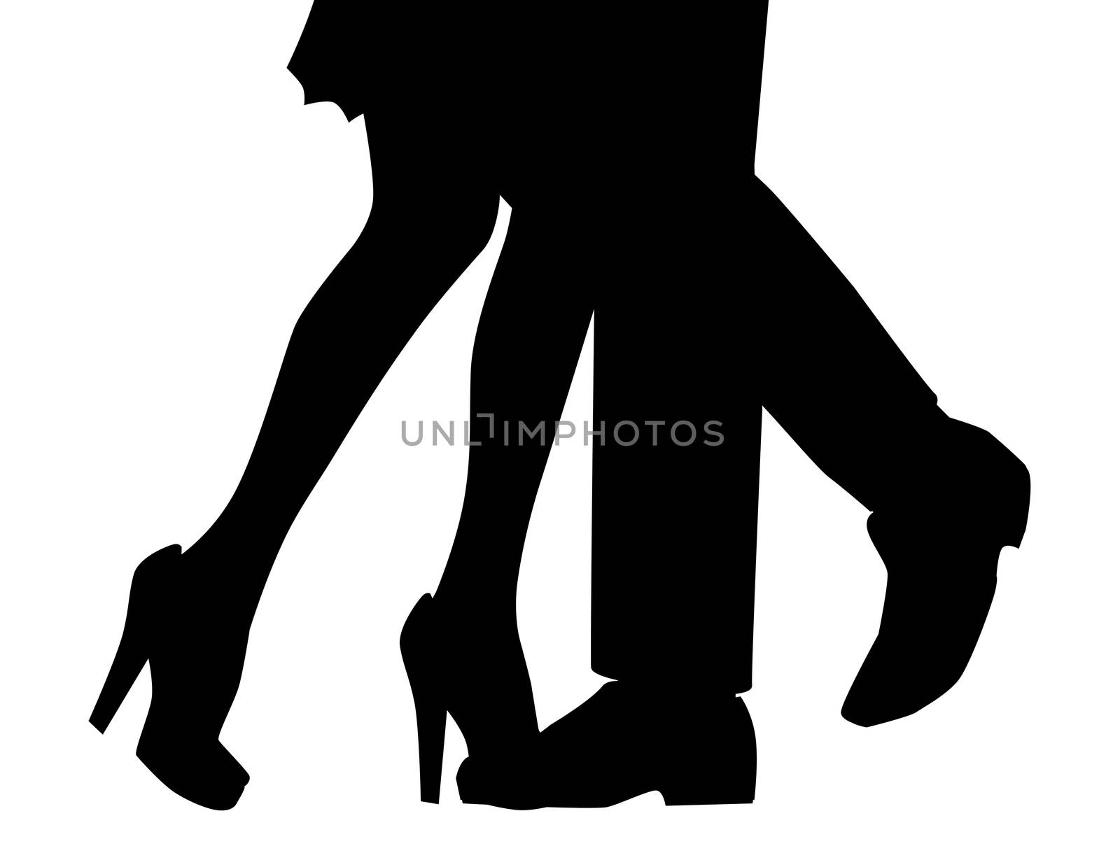A man and womans legs dancing backdroped in silhouette over white