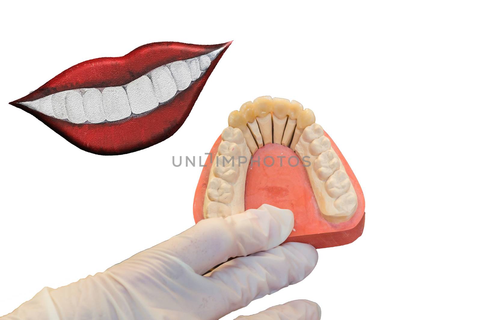 Dentures, prosthesis and oral hygiene. Hands with sterile gloves while cleaning the dentures.