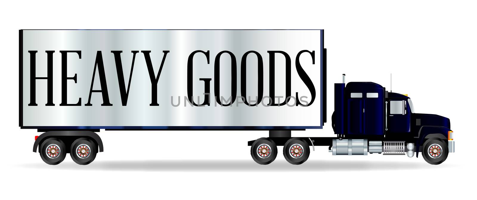 The front end of a large lorry over a white background with Heavy Goods inscription